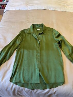 Lightweight Olive Green Satin Button-Down Shirt